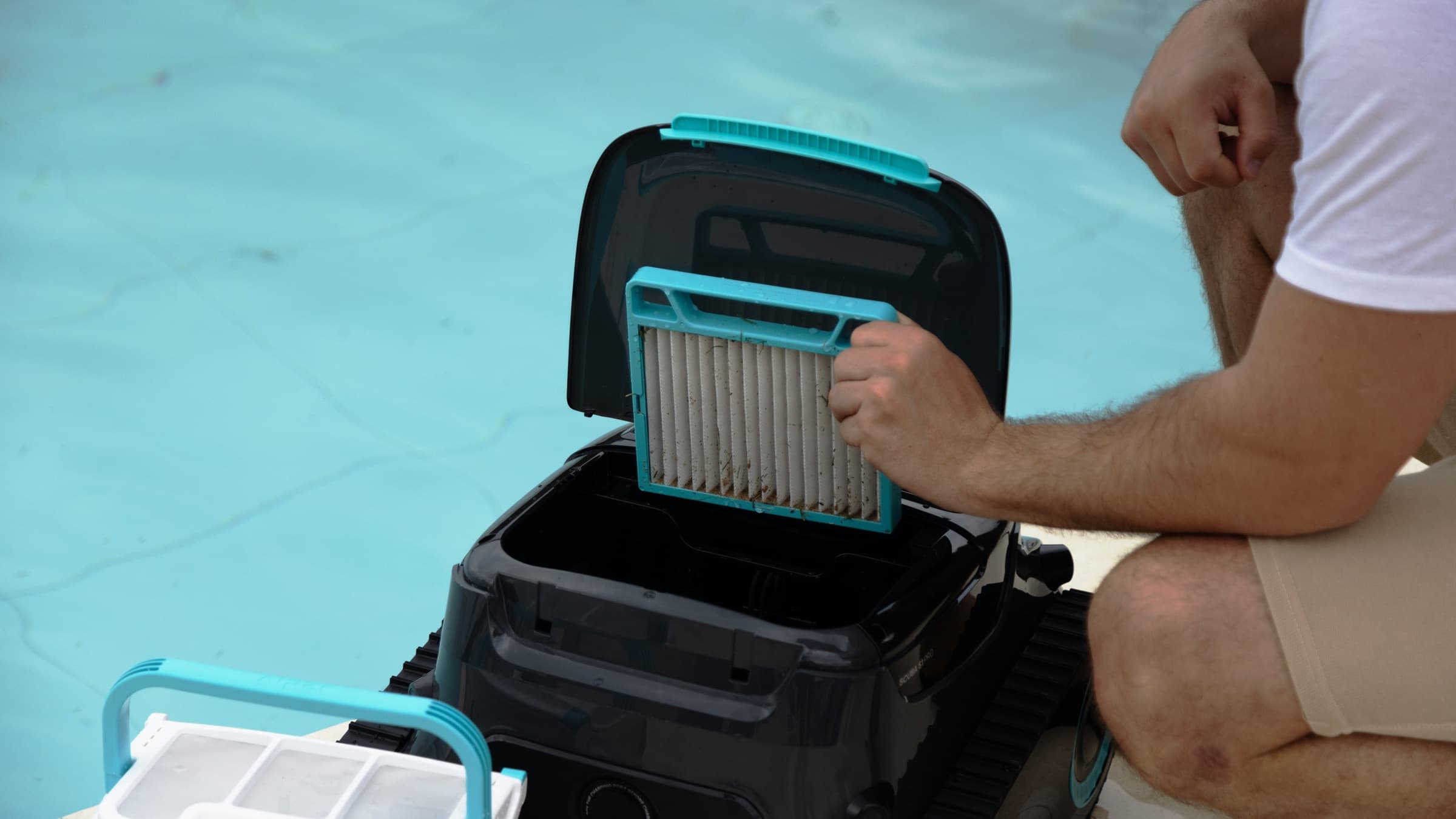 Filter cartridge being cleaned during a service visit
